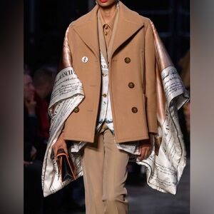 Burberry Tan Cape Coat with Scripted Accents Silk Wrap $4350